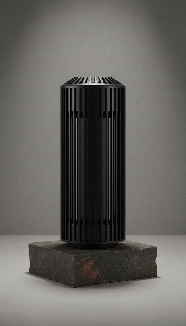 Matte black sauna heater, architectural form
