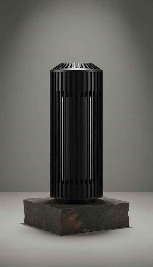 Matte black sauna heater, architectural form